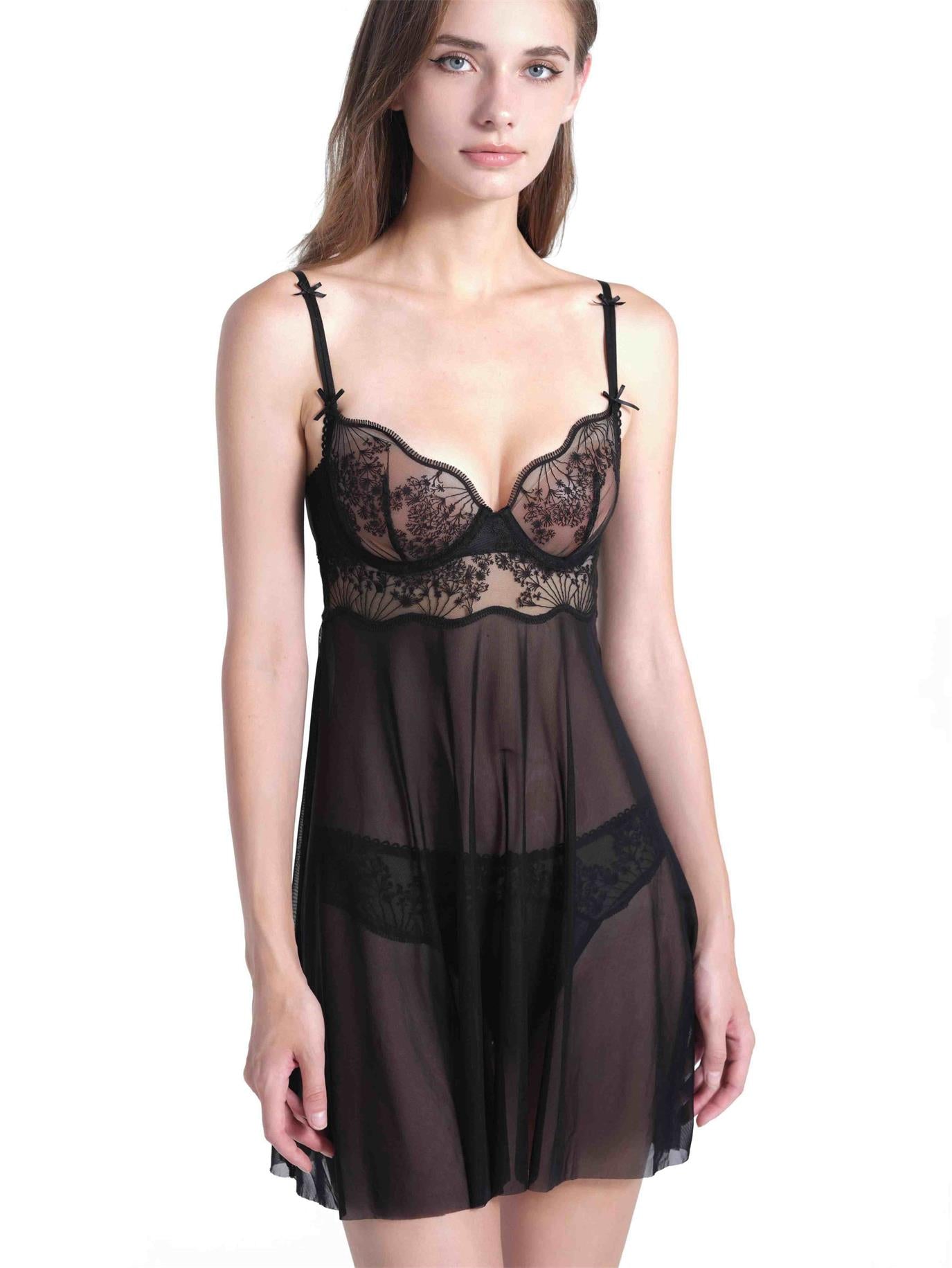 Elegant black floral lace babydoll dress with sheer mesh details